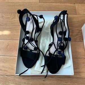 NWT Loeffler Randall Strappy Bea Block Heel Pom Pom Sandals, 7